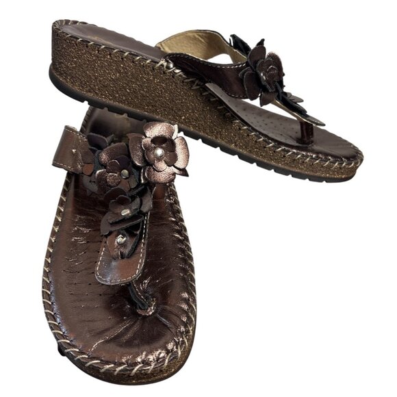 Glamourella Vera Pella Sandles Womens Floral Brown Wedge Leather Size 37 US 6.5 - Picture 1 of 10